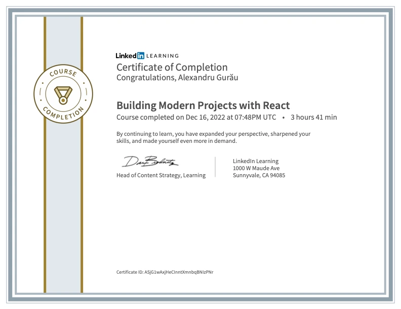 React modern projects certificate of completion