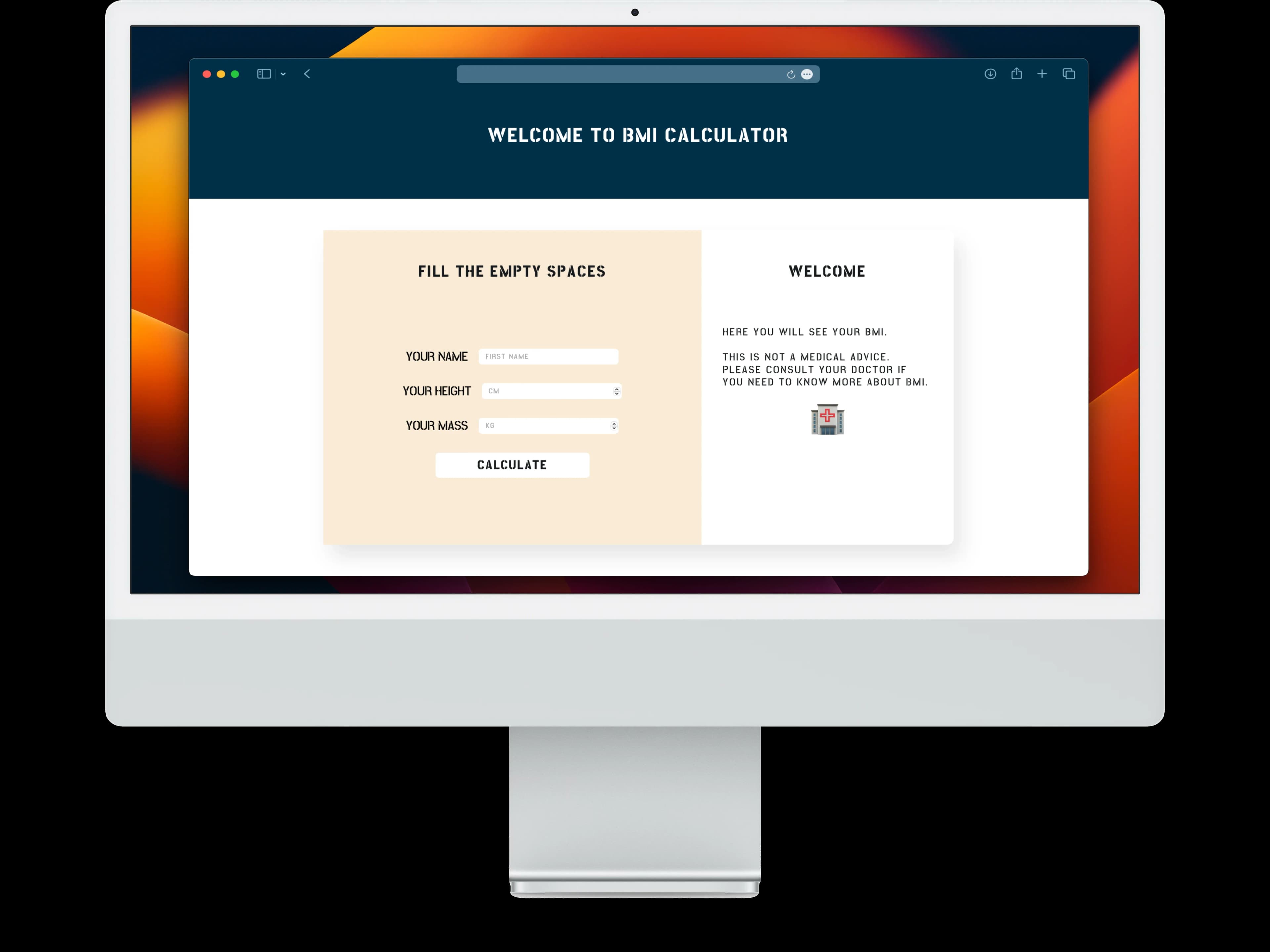 Site web calculator BMI pe un monitor
